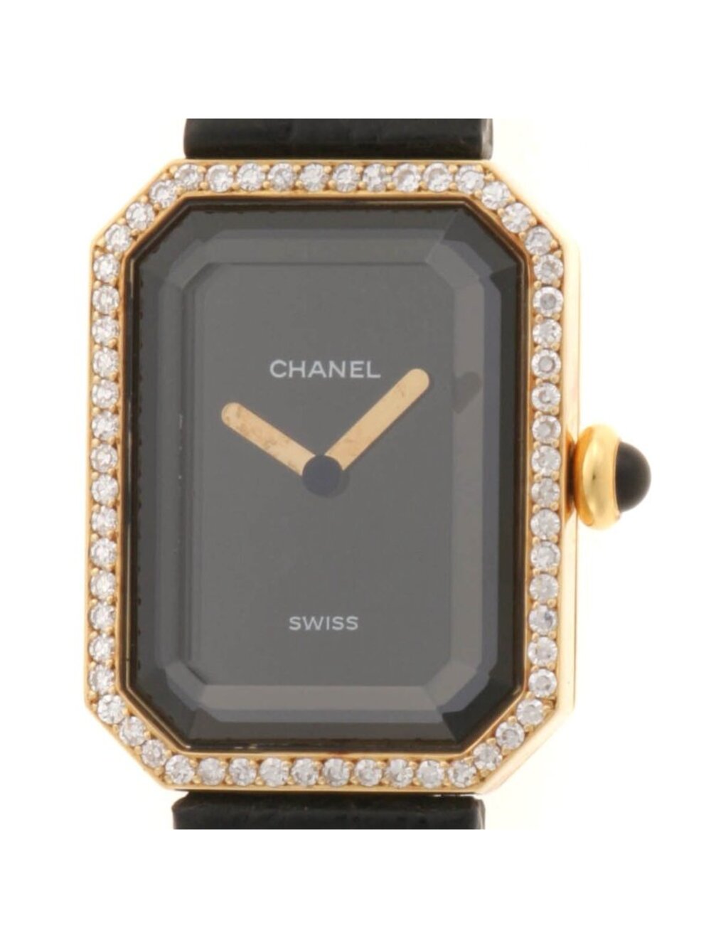Chanel Premiere Diamond Bezel Watch 18K Yellow Gold Leather Black Quartz